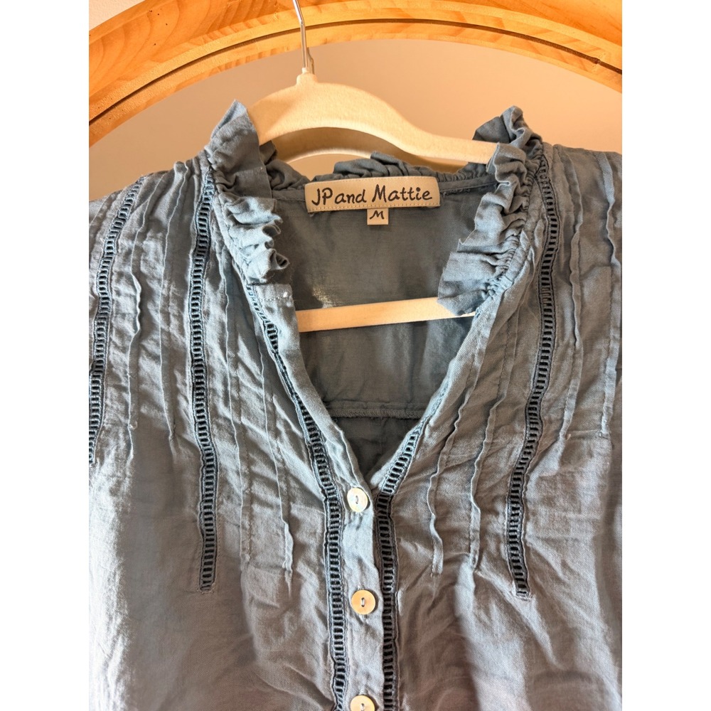 JP and Mattie Blouse Women Medium Blue Excellent Ruffle Lace Boho Top - Picture 2 of 7